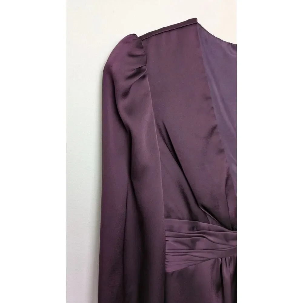 Plum Satin Puff Sleeve Straight Leg Jumpsuit Deep V Formal Evening Sz 2 EUC - Picture 7 of 11